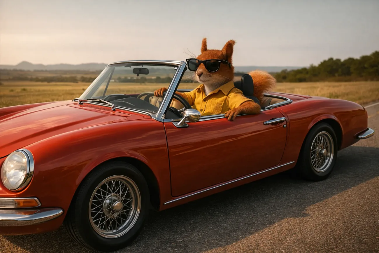 Cool squirrel mascot driving a red convertible